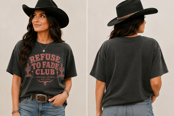 Refuse to Fade Club Arizona Edition dusty rose vintage western graphic tee Β· hand-pressed on Comfort Colors garment-dyed cotton in Surprise, Arizona