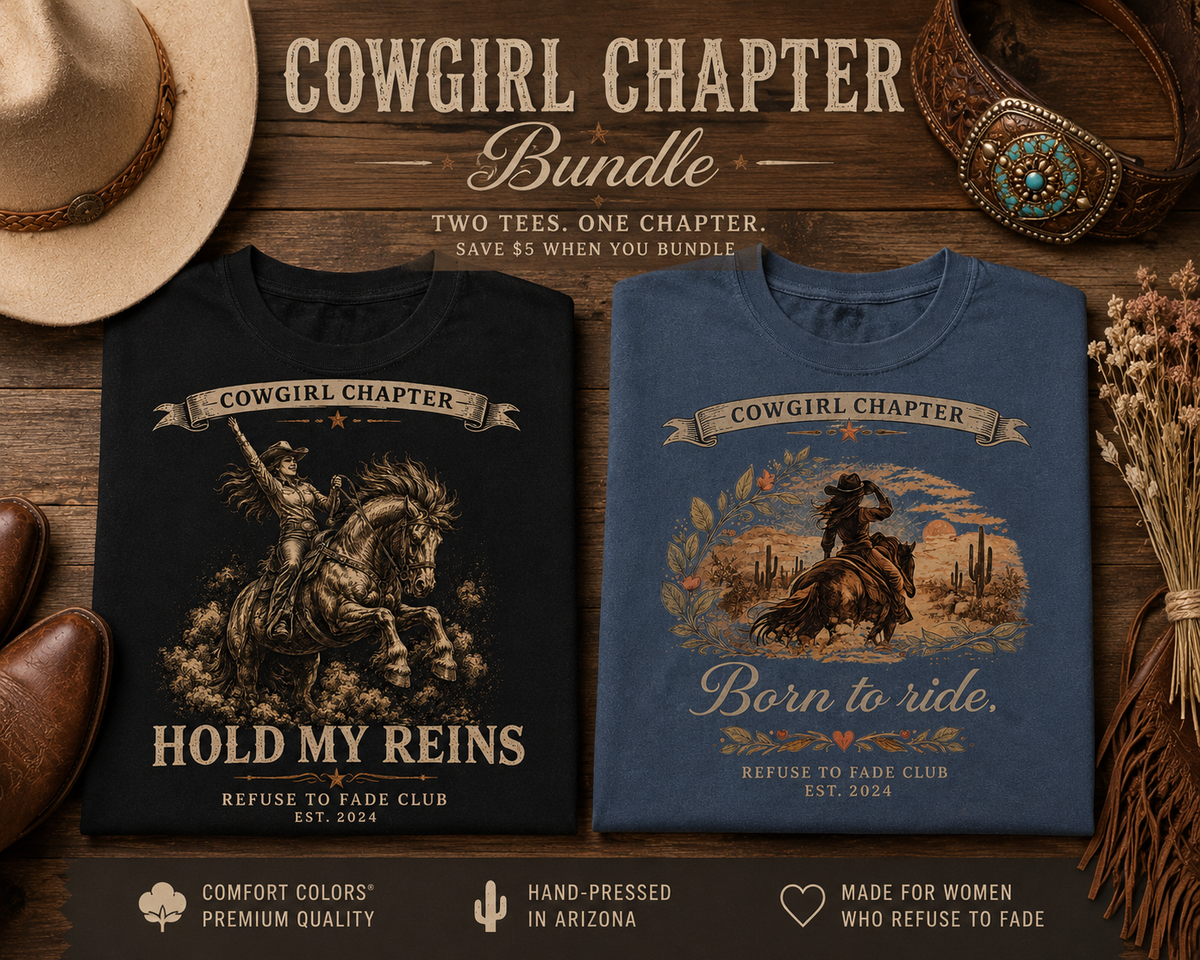 Two cowgirl-themed shirts on a wooden surface with cowboy hat and belt.