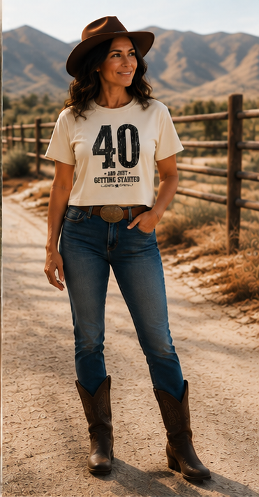 Full-body lifestyle photo of a woman wearing the '40' western birthday tee