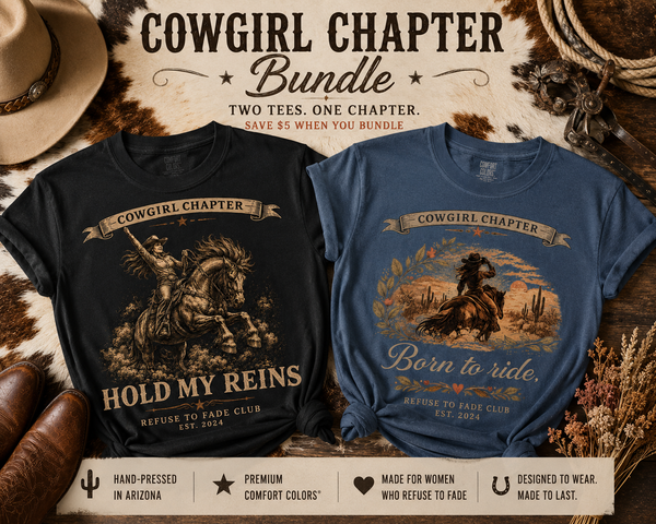Two t-shirts with cowgirl-themed designs on a rustic background with a hat and rope.